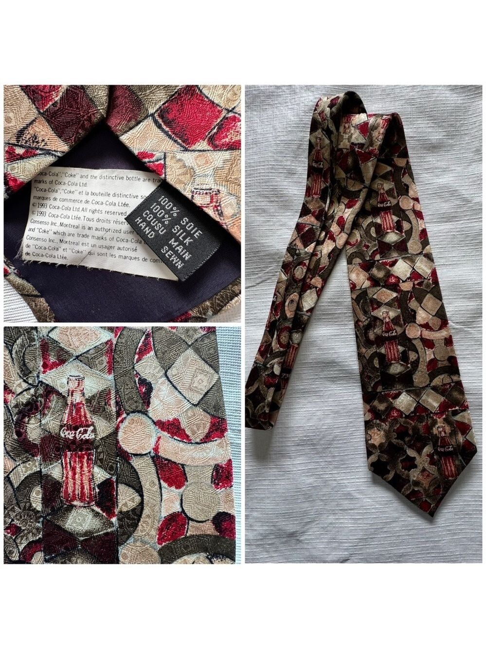 Coca Cola Vintage 1993 100% Silk Red and Brown Tie with Classic Design
